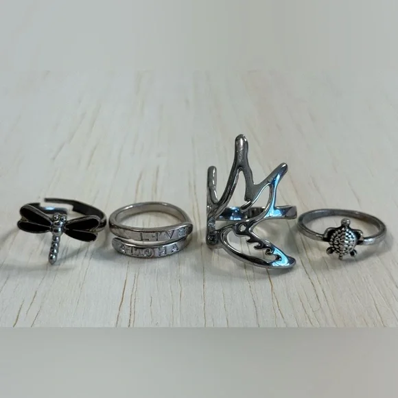 Hawaii-Inspired Silver Ring Set β bird, turtle, dragonfly, aloha - Picture 1 of 3